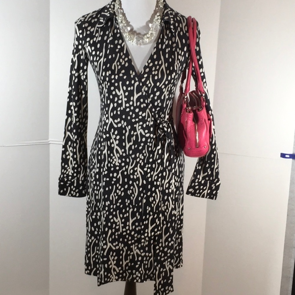 DVF black and white silk wrap dress